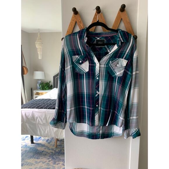 Rails Green and White Plaid Collared Button-down Top SZ Medium - Picture 1 of 9